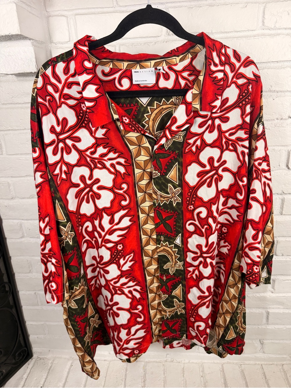 ASOS‎ Design Tropical Hawaiian Camp Shirt Red Floral Viscose 2XL